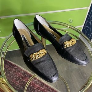 Vintage Boston Accent Black loafer with Gold Elephant Accent size 8.5